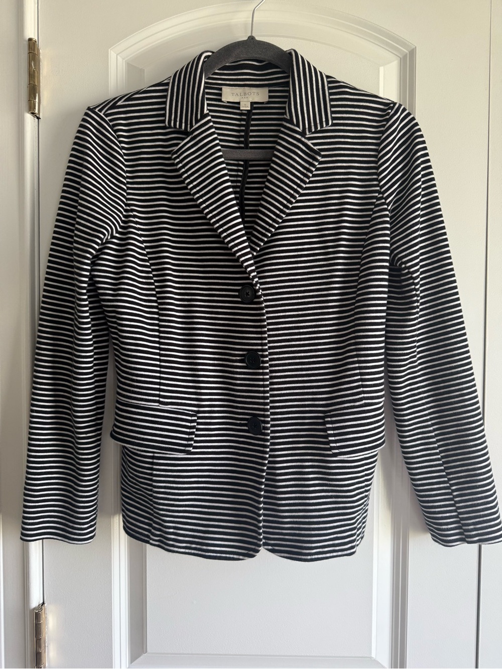Talbots Women’s Black & White Striped Cotton Blend Knit Blazer, sz. S, EUC!